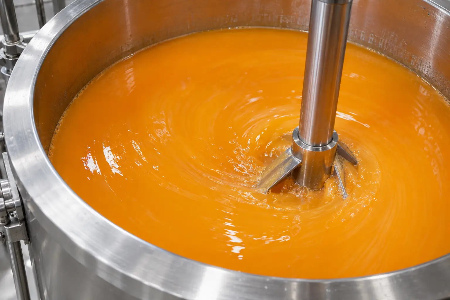 Illustrative orange beverage emulsion in a stainless steel mixing vessel